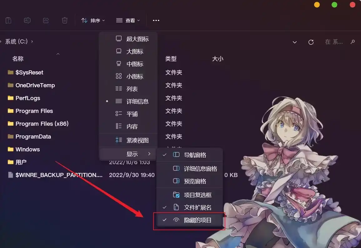 通过此处可以查看第一层隐藏文件